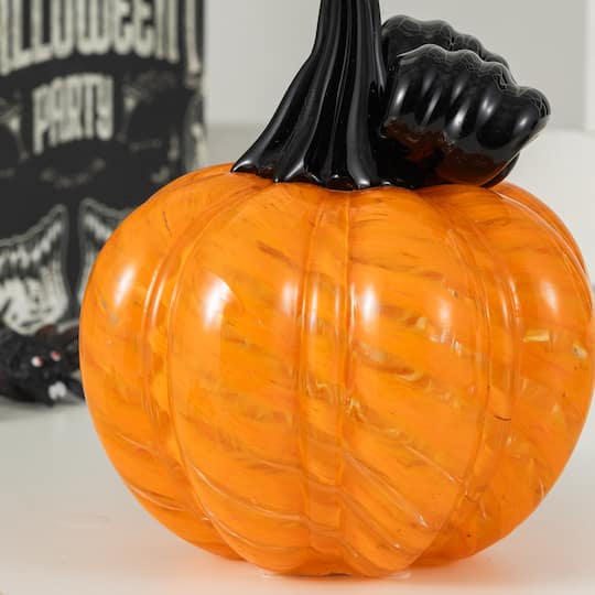 Glitzhome® 4.75" Halloween Striped Glass Pumpkin with Bow